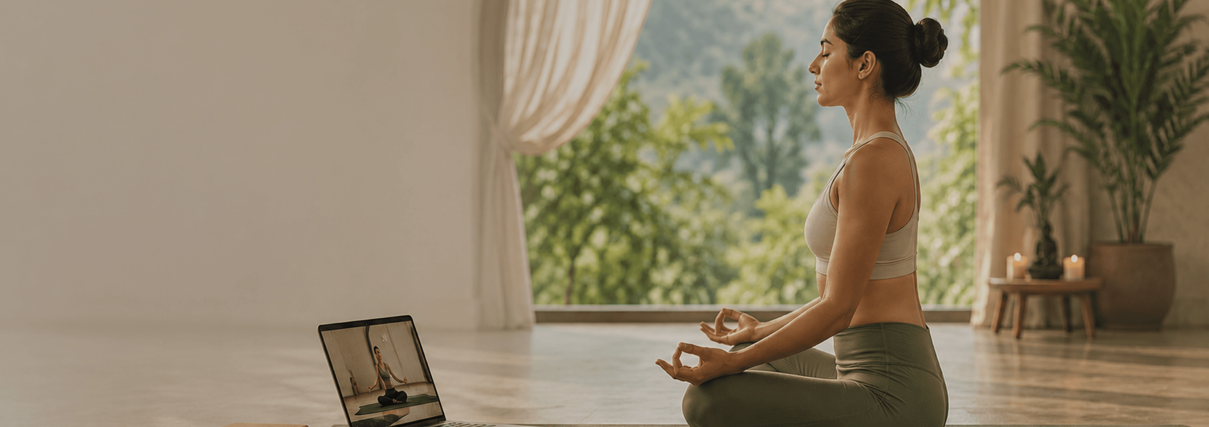 Woman practising yoga online at home