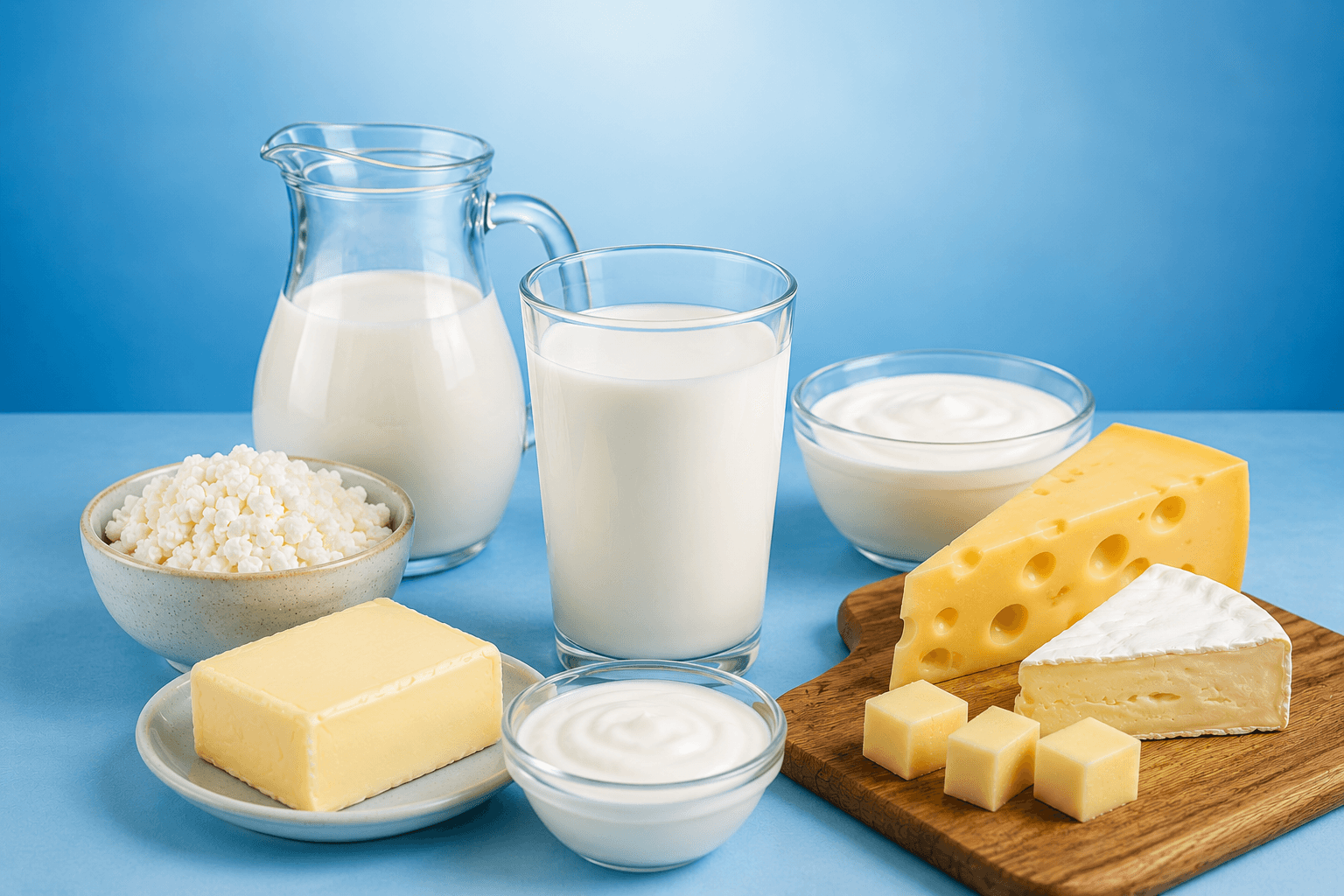 A spread of dairy products — milk, cheese and paneer