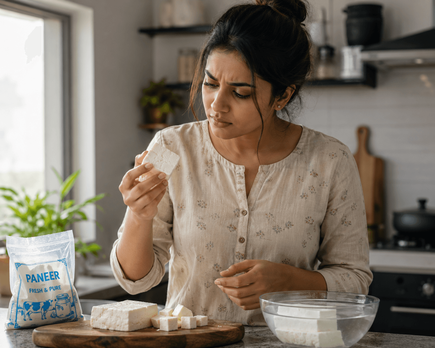 Woman checking a carton of milk in her kitchen
